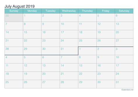 July and August 2019 Printable Calendar - icalendars.net