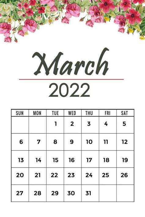 March 2022 calendar printable template Cute free floral design free ...