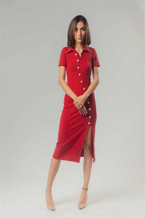 Chic Red Slit Midi Dress | Fitted Short-Sleeved Elegance - Nolabels