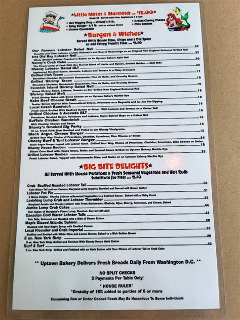 Menu at The Lobster Shanty restaurant, Fenwick Isle