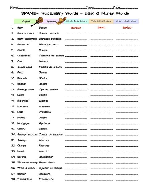 Spanish Bank & Money Vocabulary Word List Column Worksheet | Made By ...