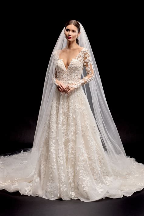 CELSA: Long Sleeve A-Line Gown with Sheer Bodice and Deep V-Neckline | Justin Alexander Signature