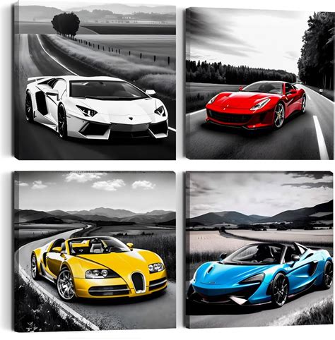 Amazon.com: Car Wall Art 4PC Sports Car Canvas Wall Art Framed Colorful Supercar Painting ...