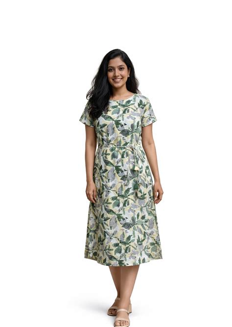 Women’s Leaf Print Cotton Midi Dress with Waist Tie – MoodsnColours