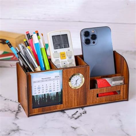 SHIVOM CRAFTS Wooden Desk Organizer with Clock, Wooden Pen Stand ...