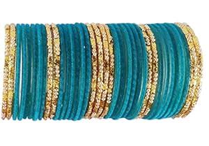 Buy Guddan Turquoise & Golden Glass Velvet Bangle Set (36 Bangles) at ...