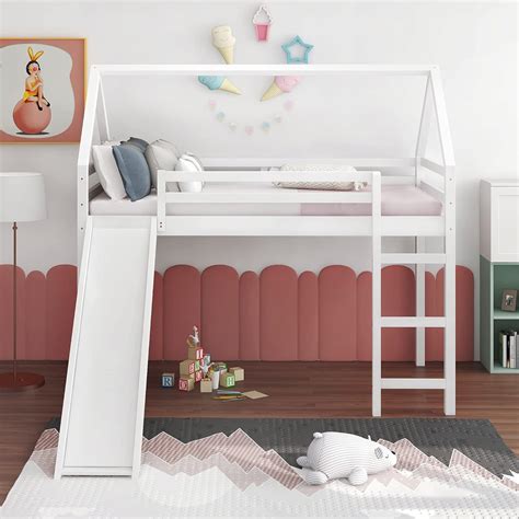 Buy Merax Twin Wooden Montessori Low Loft Bed with Slide Stairs, Full ...