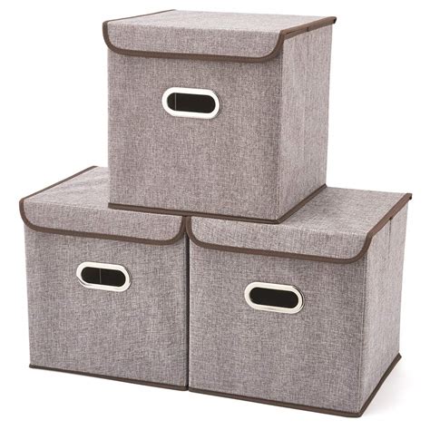 Storage Boxes with Lid [3-Pack] EZOWare Linen Fabric Foldable Basket ...