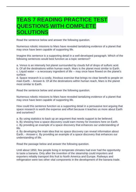 TEAS 7 READING PRACTICE TEST QUESTIONS WITH COMPLETE SOLUTIONS - ATI ...