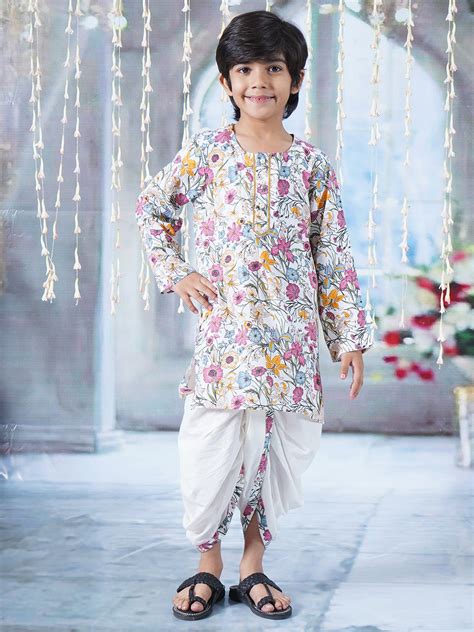 Boys Cotton Full Sleeves Kurta Dhoti with Garden Guldaudi Floral Print ...