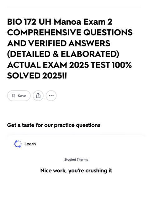 BIO 172 UH Manoa Exam 2 COMPREHENSIVE QUESTIONS AND VERIFIED ANSWERS ...