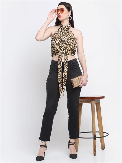 Emeros Women Brown Animal Print Halter Neck Tube Crop Top