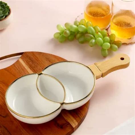 Buy HOMIES Wood Handle Salad Bowl Porcelain Plate Split Snack Tray ...