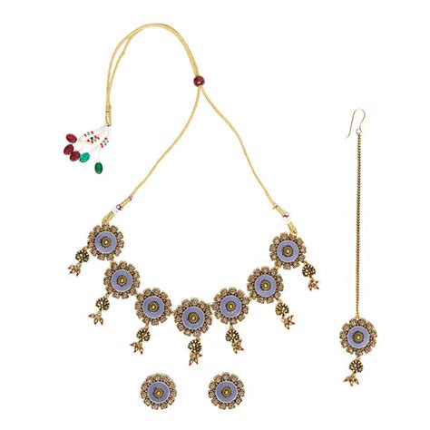 Arabian Nights Blue Enamel Faux Pearls Brass Antique Gold Plated Maang ...
