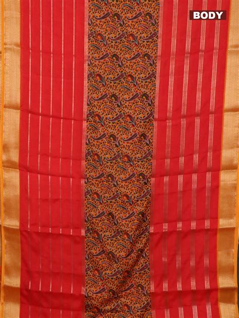 Semi crepe saree red and mango yellow with paisley prints & zari strip ...