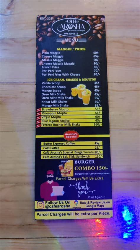 Menu at Cafe Arosha, Pune, near Berry Bash & Sujata Mastani Karve Putla