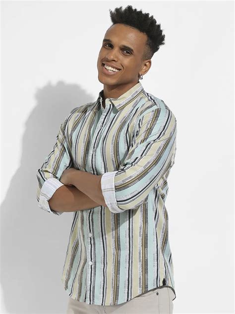 749 | Campus Sutra Men's Mint Green Faded Barcode Striped Shirt ...