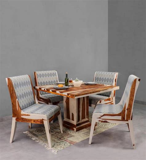Sheesham Wood 4 Seater Dining Set in Vintage White & Teak Finish at ...