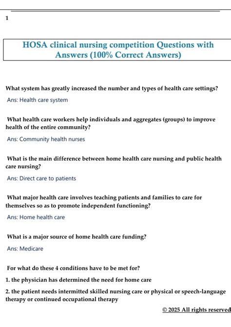 HOSA clinical nursing competition Questions with Answers (100% Correct ...