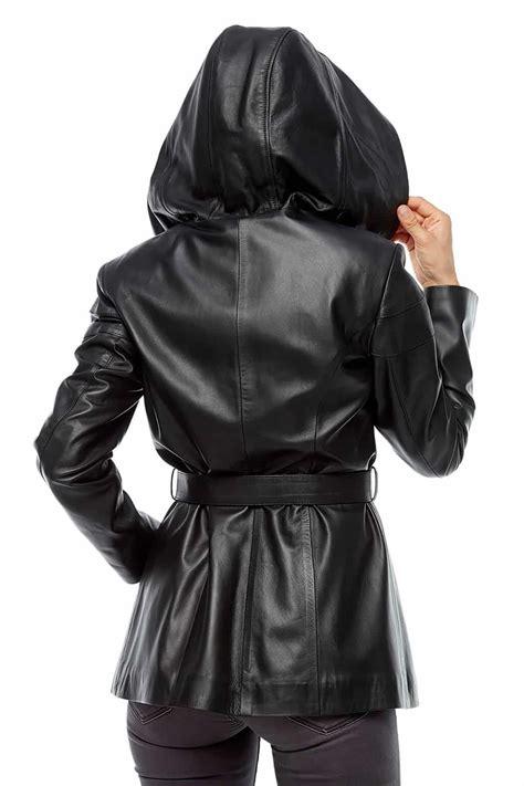 Women's 100 % Real Black Leather Hooded Belted Coat
