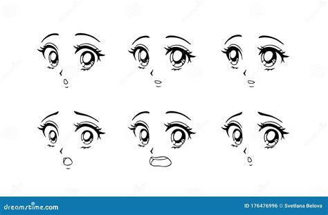 Set Of Surprised And Scared Anime Faces. Hand Drawn Vector Cartoon ...