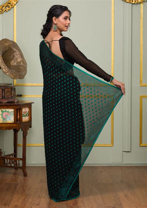Buy Rama Green Swarovski Georgette Saree - Koskii