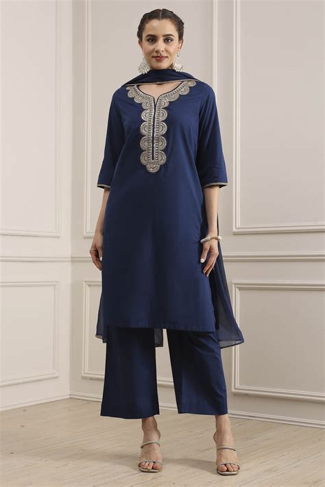 Buy Blue Cotton Solid Straight Suit Set Online at Biba Global