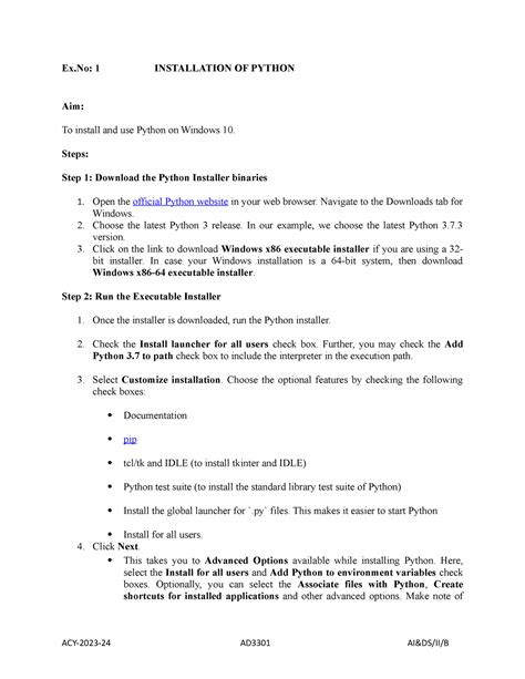 Ex1 - How to install python - Ex: 1 INSTALLATION OF PYTHON Aim: To ...
