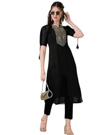 Buy Anviqaa Womens Art Silk Half Sleeves Round Neck Kurti with Pant ...