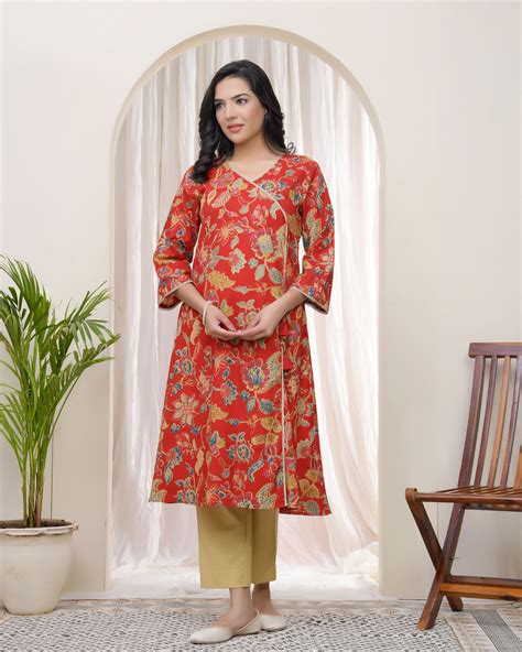 Women Red Cotton angrakha kurta – Vaasva