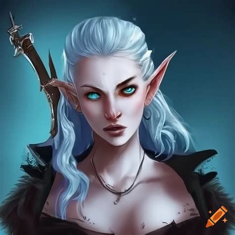 Female half elf bard with ice white hair holding a sword on Craiyon
