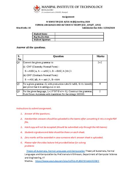 Assignment CSE_2254 - Formal Languages & Automata Theory (IV Sem) - Studocu