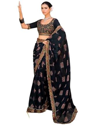 Buy SIRIL Women's Bandhani Printed Georgette Sequence Lace Scalloped ...
