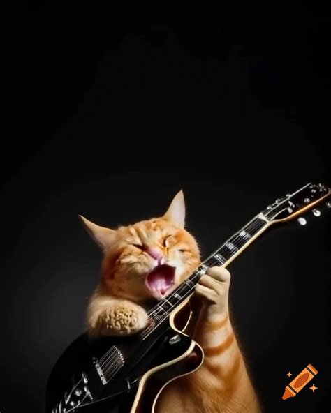 Orange cat playing guitar with aggressive posture against black ...