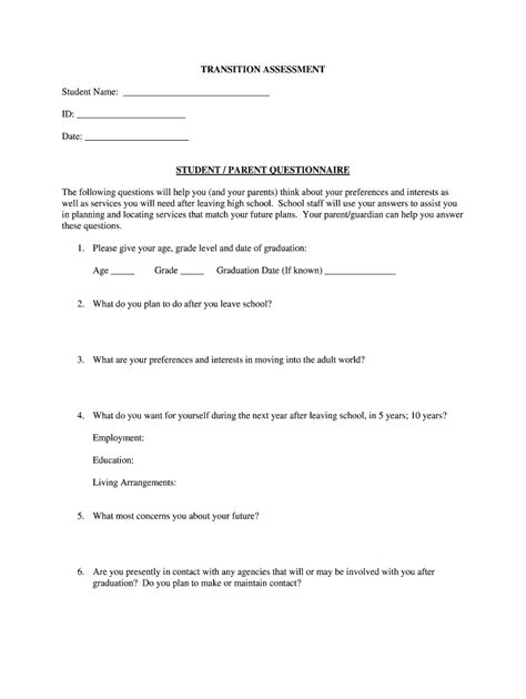 Fillable Online TRANSITION ASSESSMENT STUDENT / PARENT QUESTIONNAIRE ...
