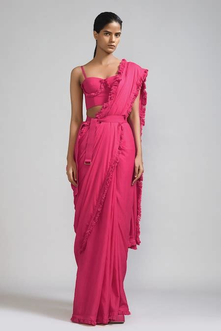 Buy Pink Cotton Fringe Detailed Saree For Women by Mati Online at Aza ...