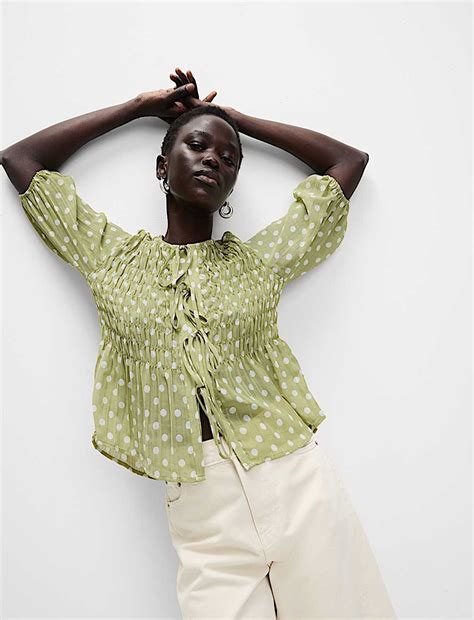 Buy Printed Shirred Tie Detail Puff Sleeve Blouse at Marks & Spencer
