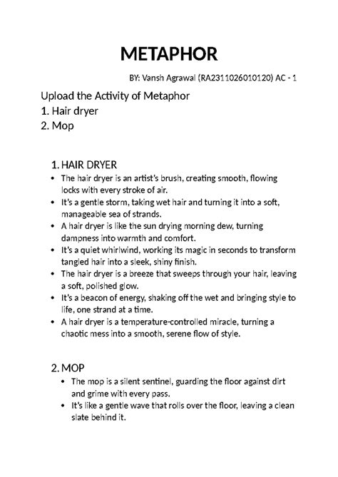 Metaphor Analysis: Hair Dryer & Mop - RA2311026010120 - Studocu