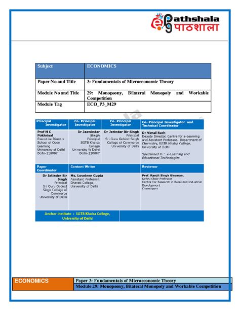 Fundamentals of Microeconomic Theory Module No and Title 29: Monopsony ...