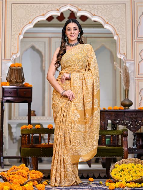 Yellow Jaal Block Print Pure Cotton Saree – Jaipur Tex