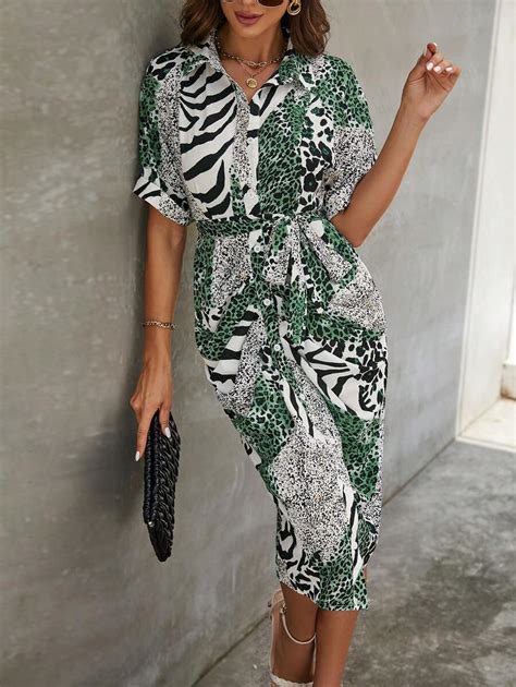SHEIN Clasi Leopard Print Belted Shirt Dress | SHEIN USA