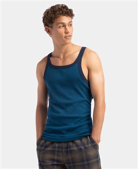 Buy Super Combed Cotton Rib Square Neck Gym Vest - Poseidon & Navy US27 ...