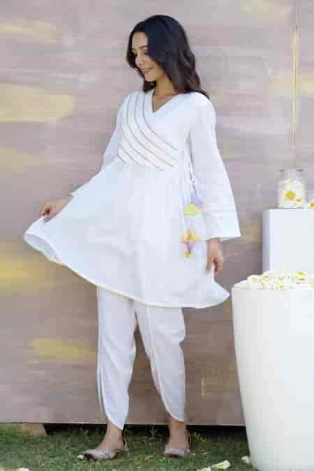 Buy White Cotton Tassels, Gota Patti Embellished Angarkha Anarkali And ...