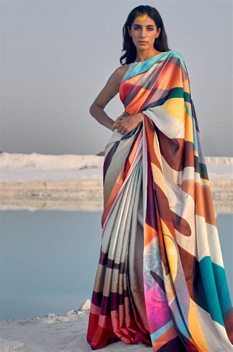Grey Multicolour Digital Print Satin Silk Saree – Label Aarna