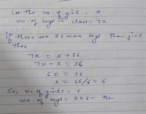 The ratio of boys to girls in a group is 7:1. If there are 36 more boys ...