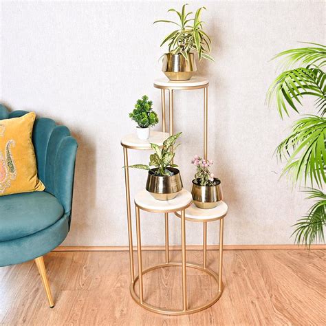 Metal Planter Stand With White Marble At Top – Decor Mantra