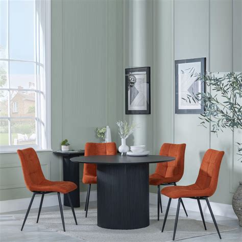 Bern Fluted Black 4 Seater Round Dining Set - 4 Corona Orange Fabric ...