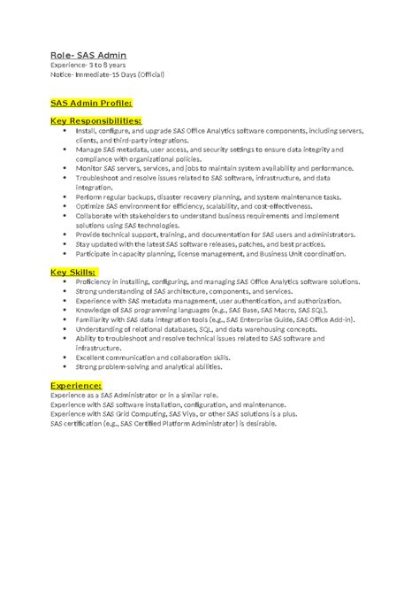 SAS Admin Responsibilities & Skills Overview (3-8 Years) - Studocu