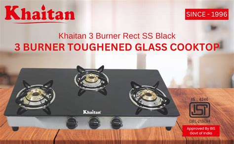 Khaitan RockStrong Series 3 Burner Rect SS Black Toughened Glass | LPG ...