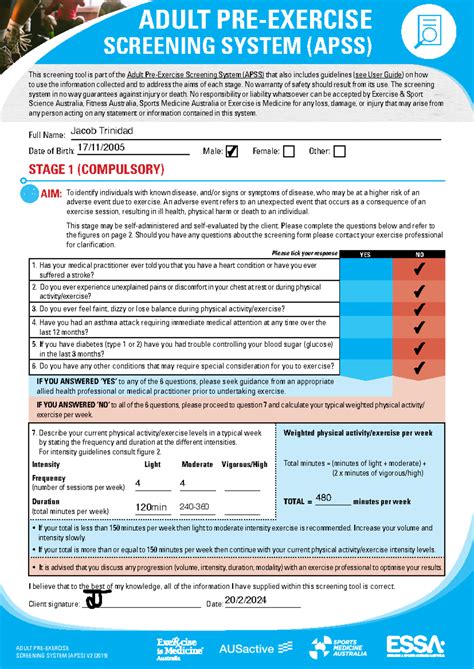 Adult Pre Screening Tool - ESSA - ADULT PRE-EXERCISE Describe your current physical - Studocu
